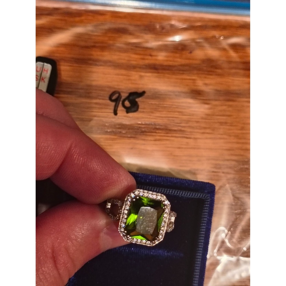 LNT 925 Sterling Silver Green Pave Halo Emerald Cut Cocktail Ring Size 7.5